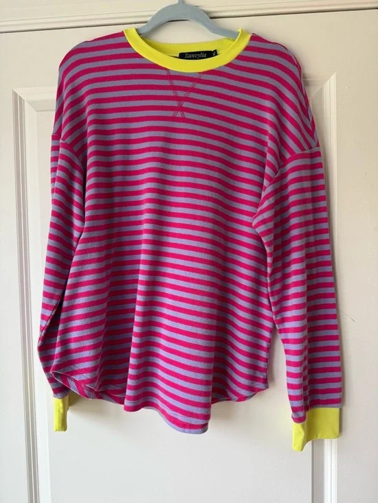 Sweater top, Pink & Purple Striped with Yellow Trim, SOFT with Stretch, Size XL - Picture 2 of 10